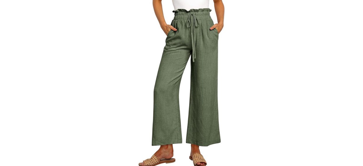Person wearing ANRABESS Linen Wide-Leg Pant on white background Person wearing ANRABESS Linen Wide-Leg Pant on white background