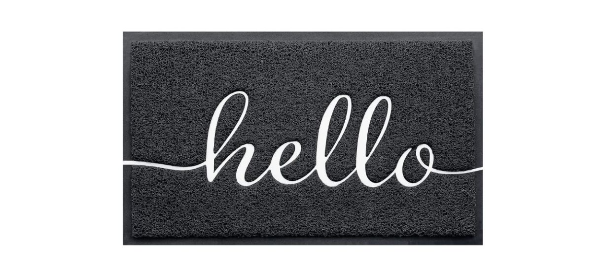 a gray doormat that says "hello" in white script letters a gray doormat that says "hello" in white script letters