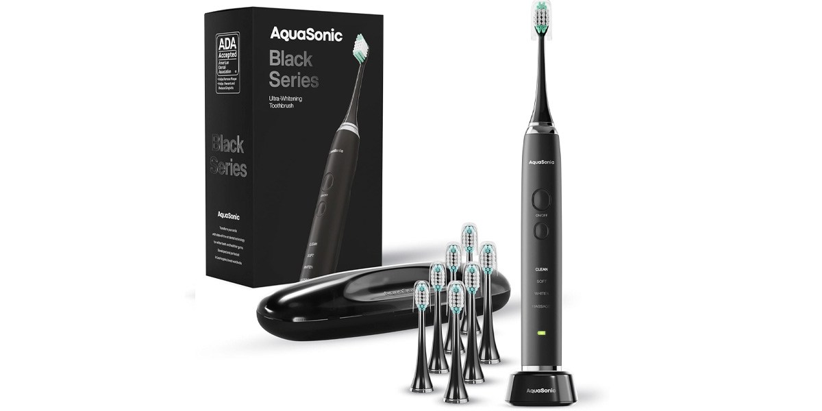 Aquasonic Black Series Ultra Whitening Toothbrush on white background