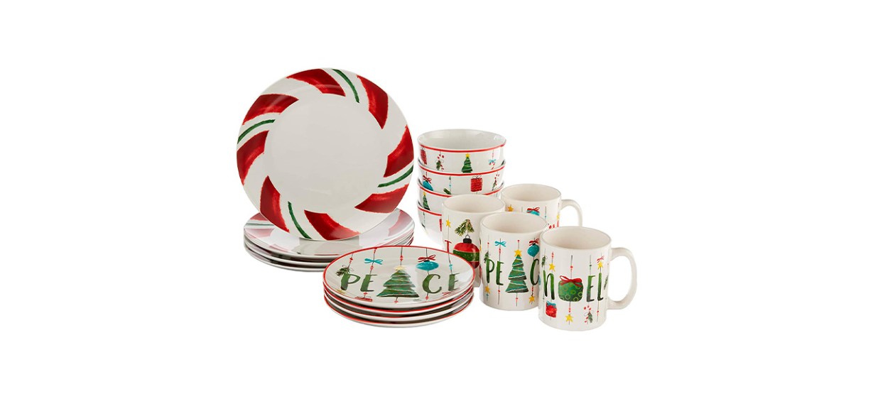 A set of red, white and green plates and bowls with candy canes and other Christmas motifs