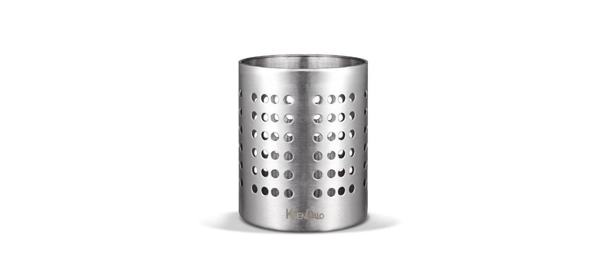 A round, metal utensil holder with holes in the sides