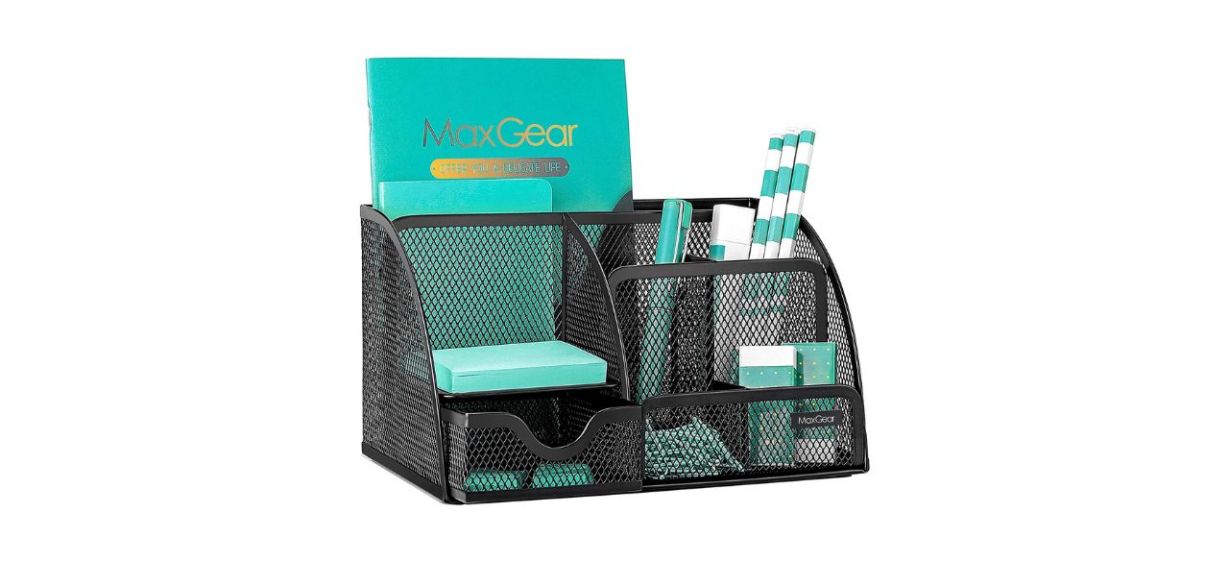 MaxGear Mesh Desk Organizer, black, with aqua accessories