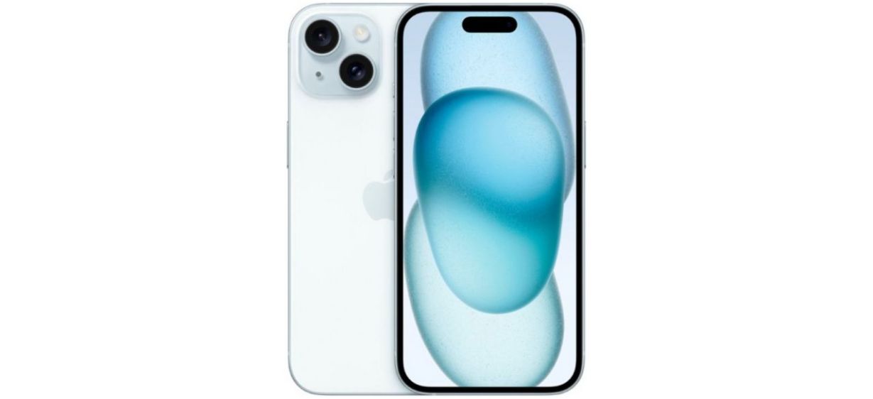 iPhone 15 smartphone on white background