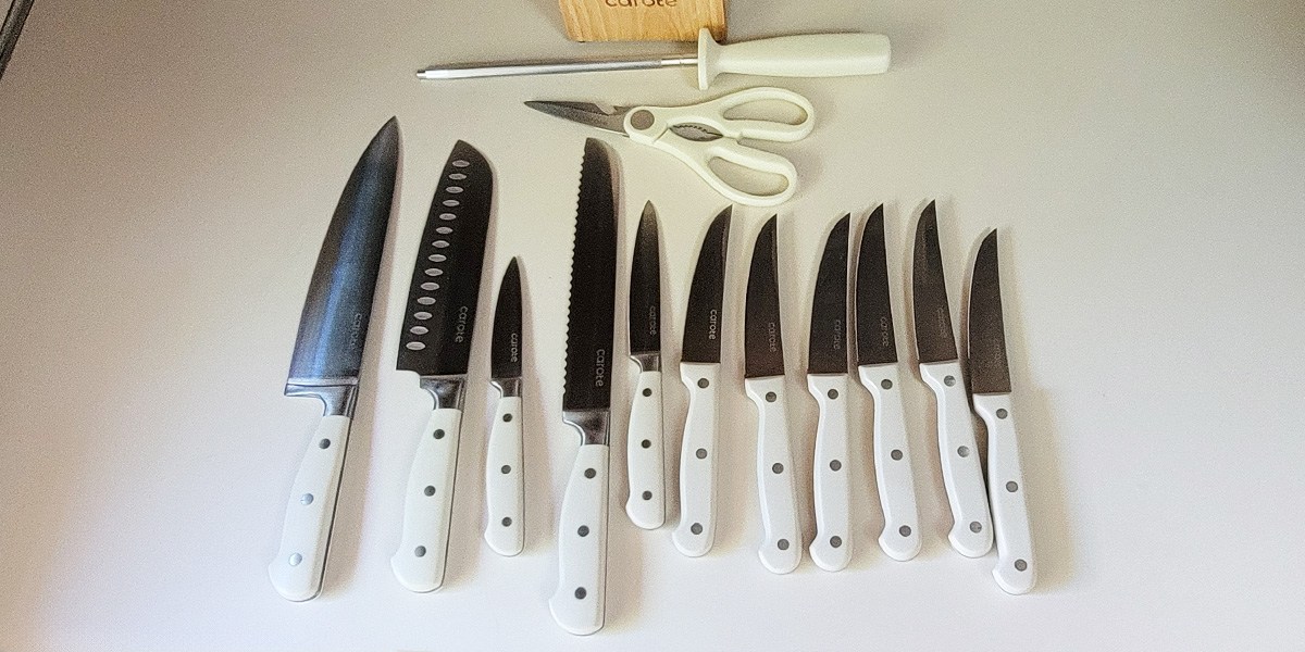 Top view of Carote 14-Piece Forged Knife Set displayed on kitchen counter