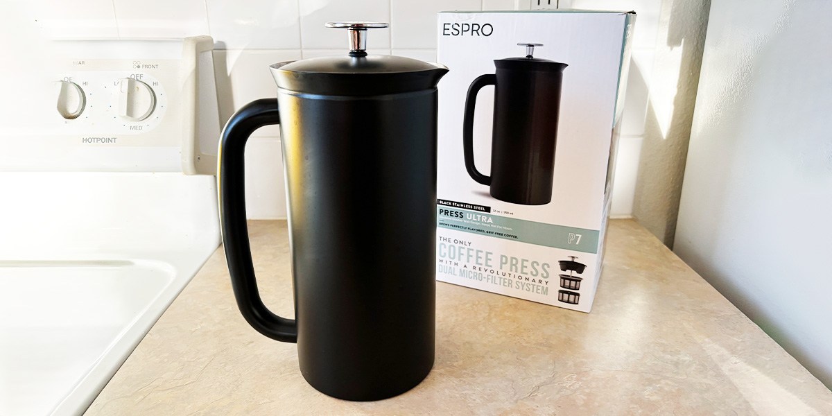 Espro P7 32-Ounce French Press on kitchen counter next to product packaging and stovetop