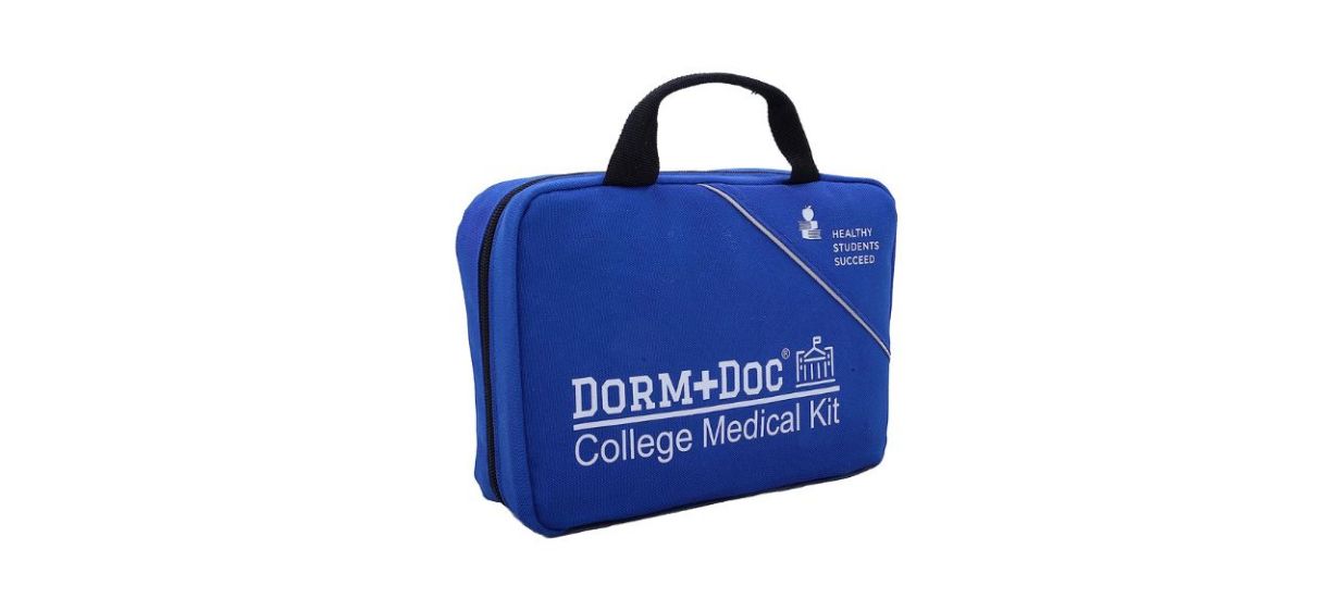 a blue canvas bag with medical supplies in it