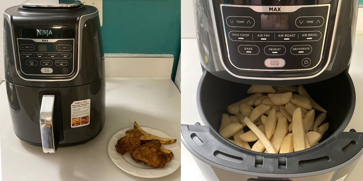 Collage with Ninja Air Fryer Max XL on counter with plate of chicken wings and fries and open basket with fries on the other side Collage with Ninja Air Fryer Max XL on counter with plate of chicken wings and fries and open basket with fries on the other side