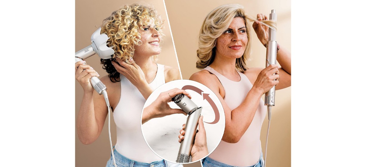 Collage with person using Shark FlexStyle for Curly &amp; Coily Hair