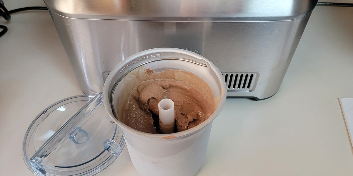 Bowl of ice cream in front of Breville Smart Scoop Ice Cream maker Bowl of ice cream in front of Breville Smart Scoop Ice Cream maker