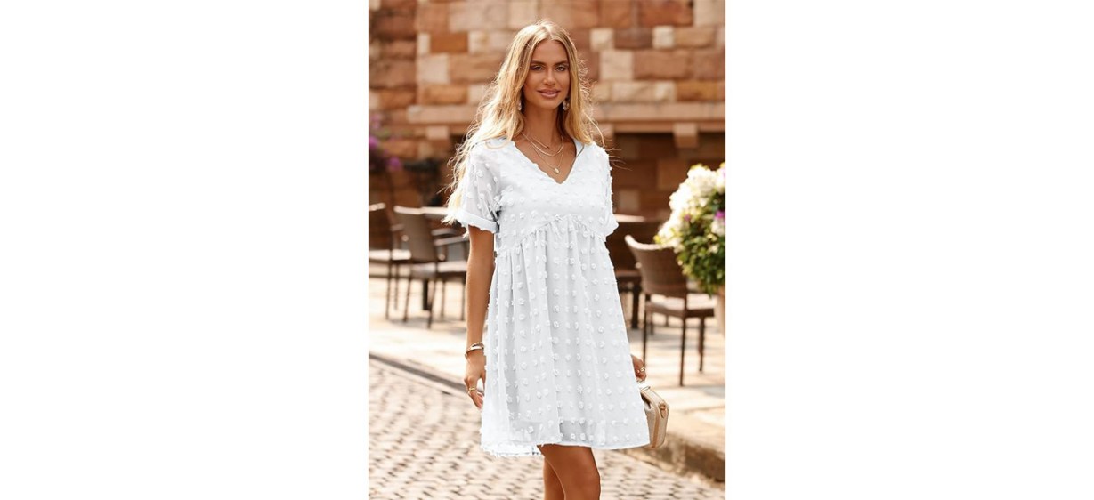 KIRUNDO V-Neck Short Sleeve Swiss Dot Ruffle Mini Babydoll Dress