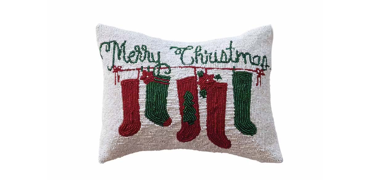 Merry Christmas Cotton Beaded Lumbar Pillow with Stockings &amp; Velvet Back