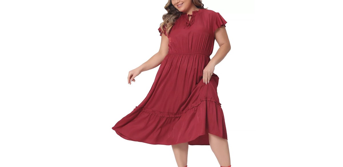 Agnes Orinda Women's Plus Size Self Tie Flutter Short Cap Sleeve Ruffle Casual A Line Midi Dress