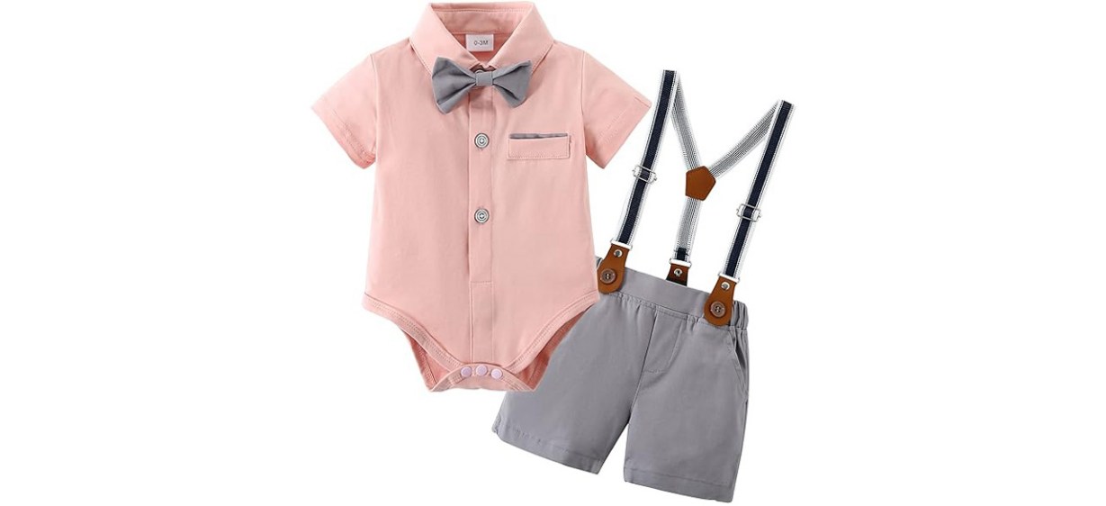 ZOEREA Baby Boy Dress Shirt+Bowtie+Suspender Shorts  on white background