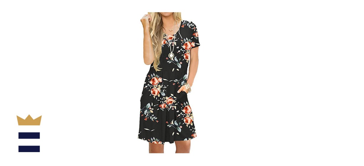 AUSELILY Women's Short Sleeve Pleated Loose Swing Casual Dress