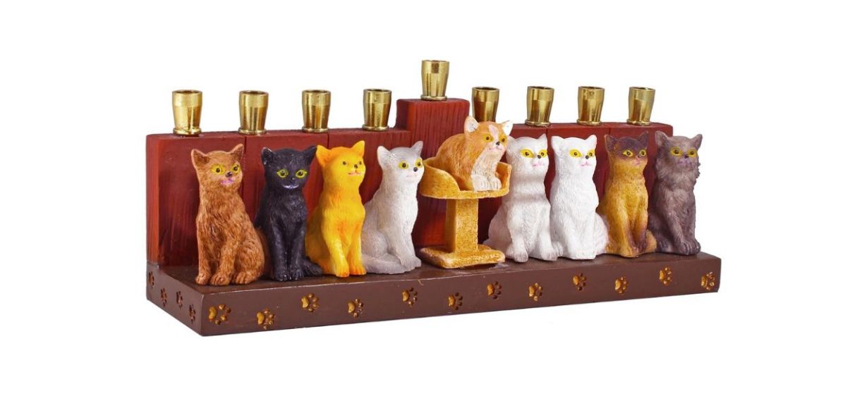 Aviv Judaica Cat and Paw Candle Menorah on white background