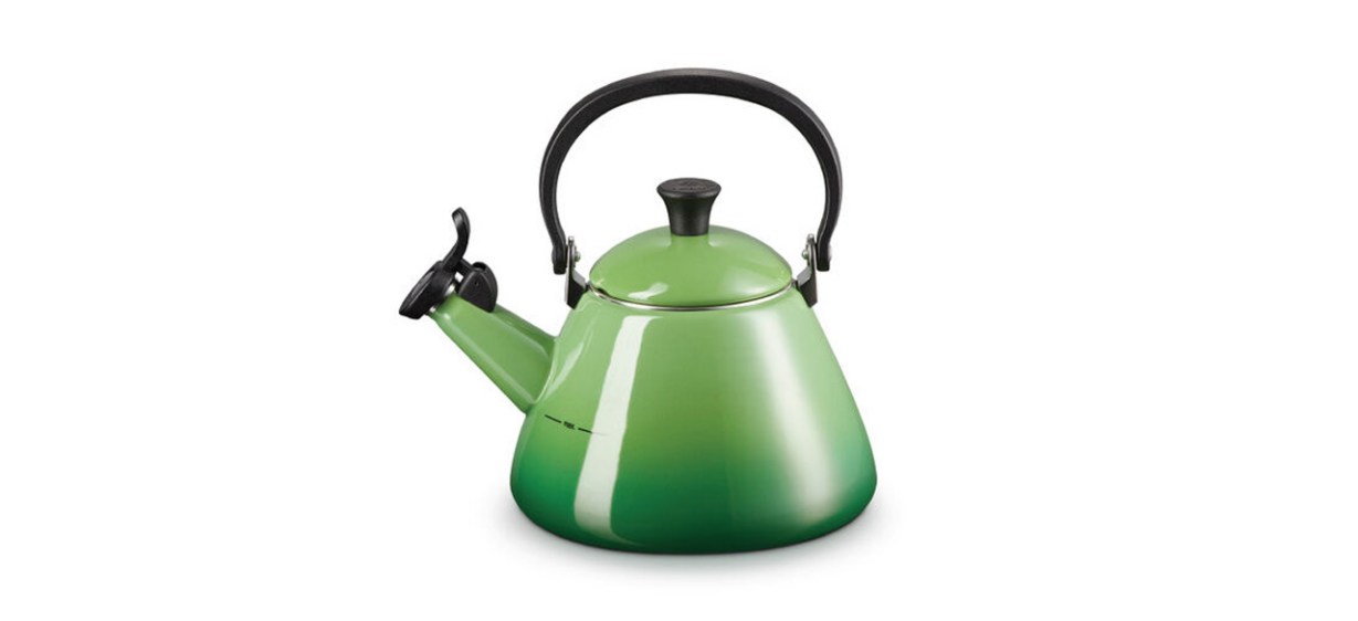 Green Le Creuset Kone Kettle on white background