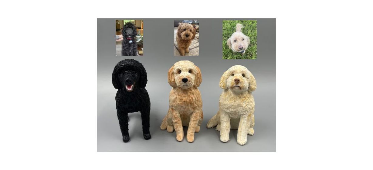3 JujuGigiClayPlay Personalized Custom Dog Cake Topper shown next to pictures of their real-life counterparts