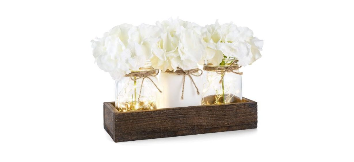 Mkono Lighted Floral Mason Jar Centerpiece Decorative Wood Tray with 3 Painted Jars