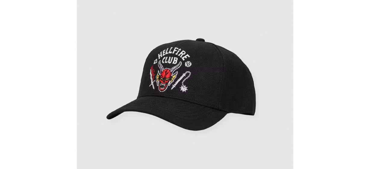 Black Stranger Things Hellfire Club Hat on gray background