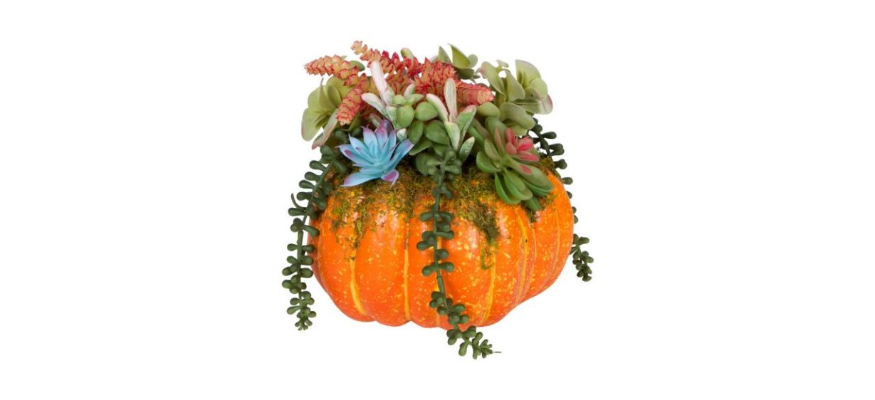 One Holiday Way Orange Faux Pumpkin with Succulents Fall Table Decoration