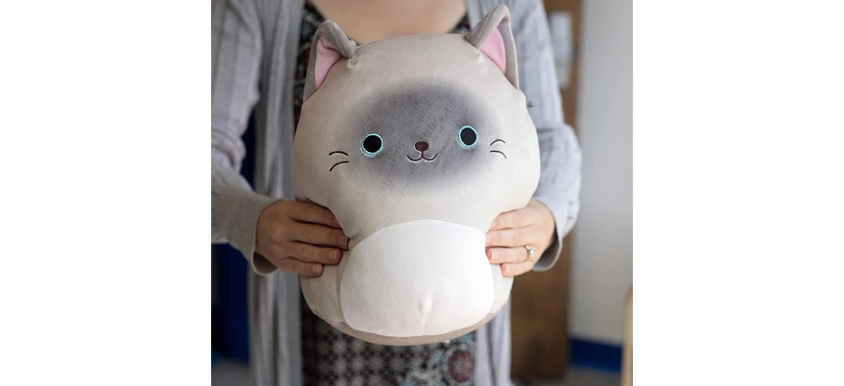 Hands holding Squishmallows Felton The Siamese Cat