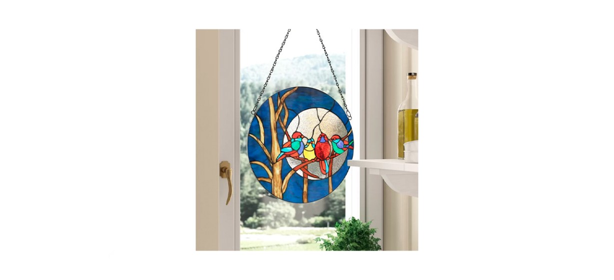 Charlton Home Birds In The Night Sky Round Stained Glass Window Panel