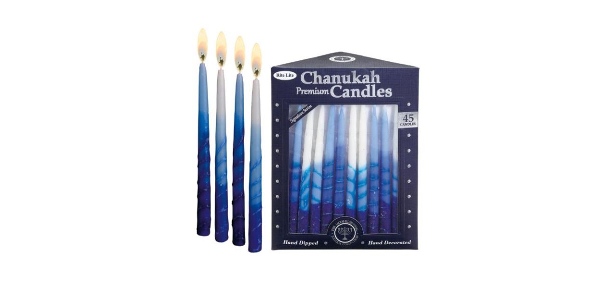 Rite Lite Premium Chanukah Candles (Blue and White) next to a box
