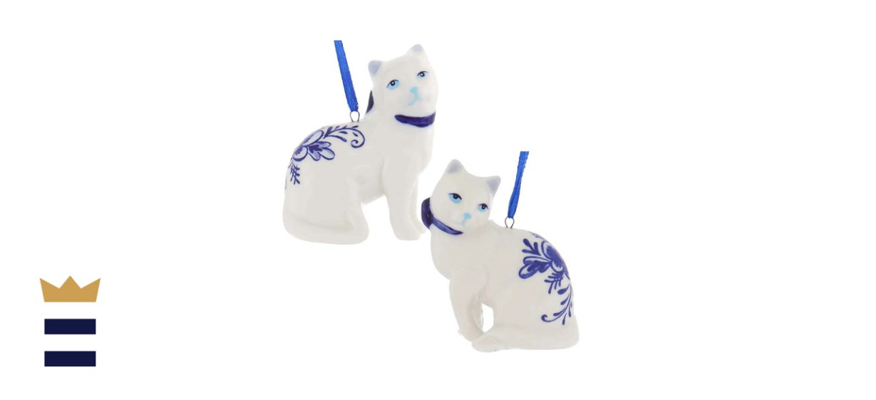 Kurt Adler Porcelain Delft Blue Cat Ornament Set of 2