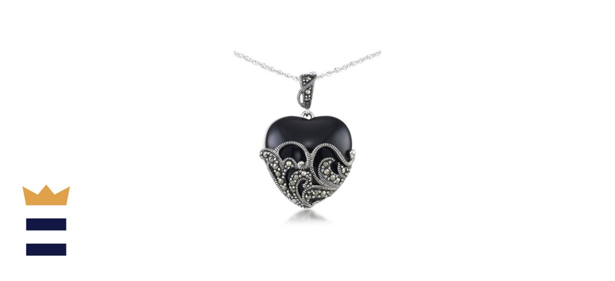 Macy's Onyx and Marcasite Heart Pendant on Chain