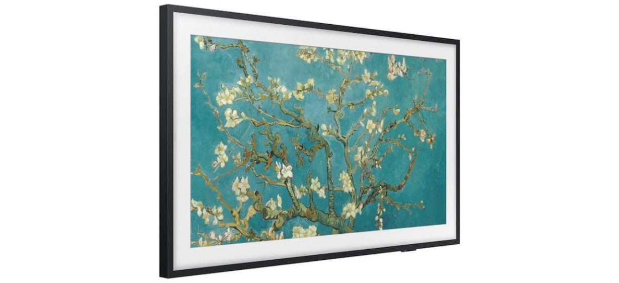 Samsung 85 Class The Frame QLED 4K displaying flowering tree painting on white background