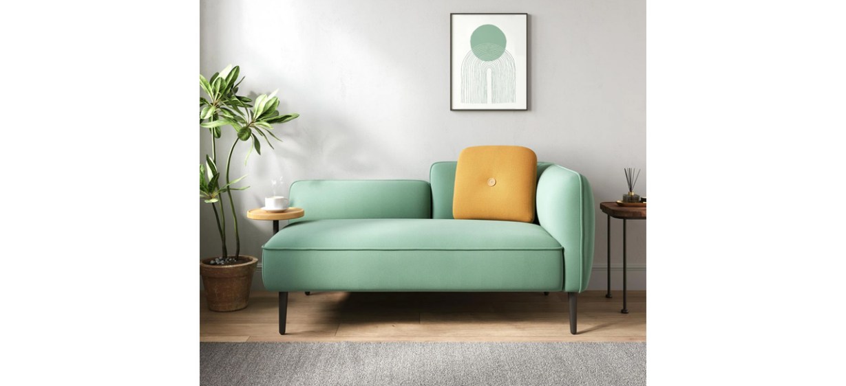 Green Wade Logan Batya Upholstered Loveseat with yellow throw pillow