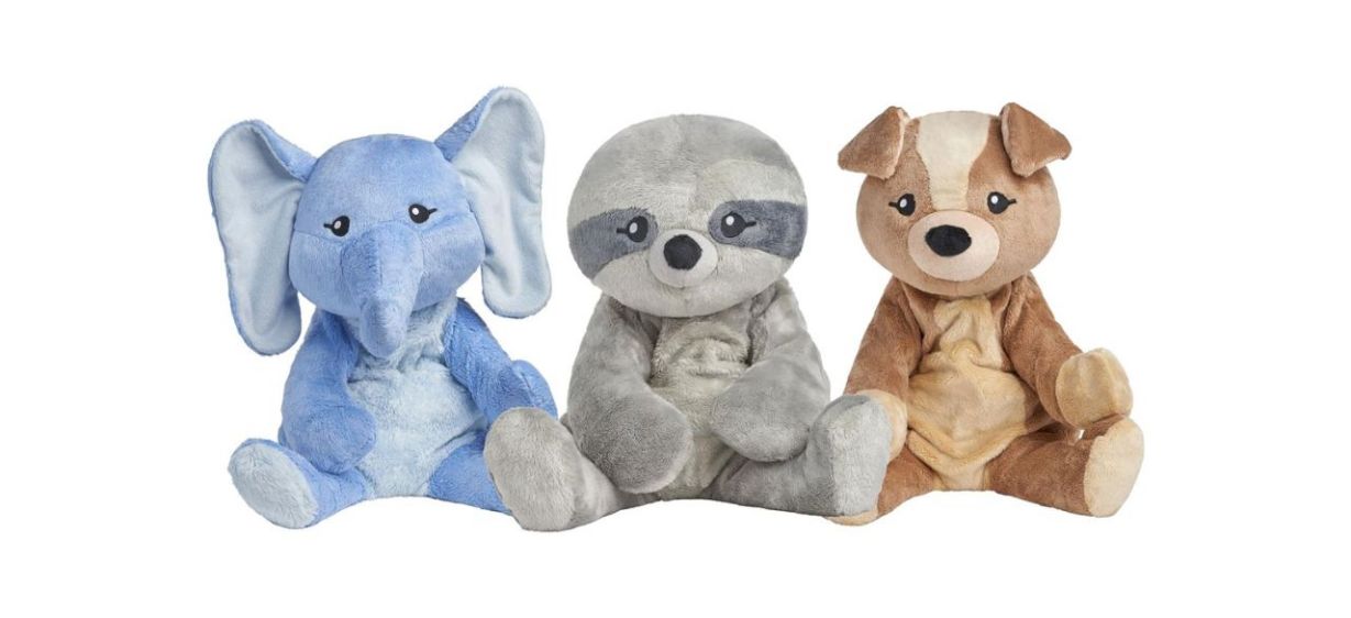 3 pack of HUGIMALS weighted stuffed animals, including an elephant, sloth and puppy