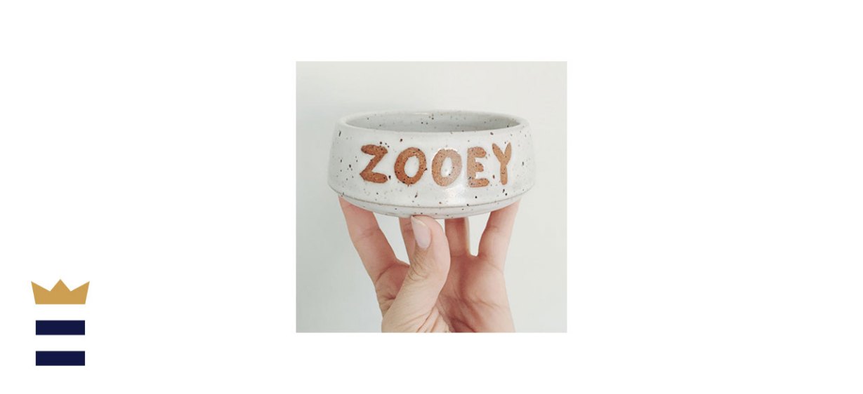 White Ceramic Cat Bowl with Wax Resist Cat Name