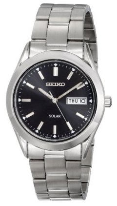 Seiko Men's Silvertone Black Dial Solar Calendar Watch